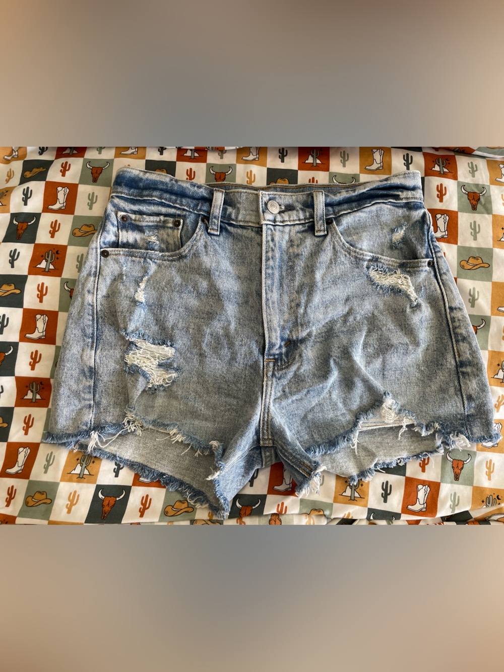 Abercrombie & Fitch Light Blue High Rise Distressed Denim "The Mom" Jean Shorts